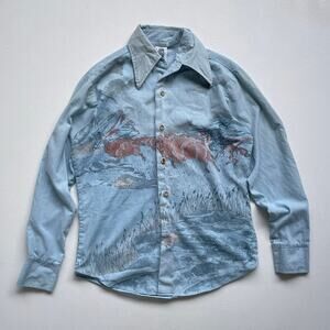 Vtg 70s Kennington Native American Hunting Buffalo AOP Shirt Sz M Dagger Collar
